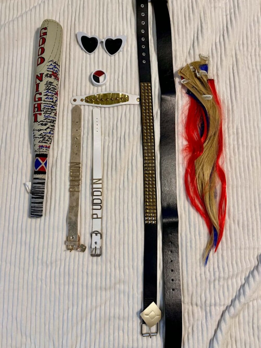 Harley Quinn Bat, Gold and Black Studded Belt, Choker Set with accessories